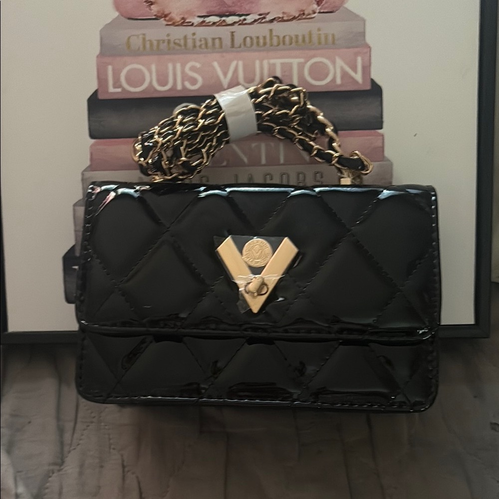 Black Quilted Crossbody Bag with Gold Chain